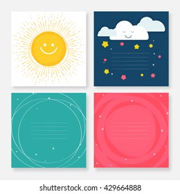Set of four creative universal cards. Collection of blank template with hand drawn texture for notebooks, scrapbooking, wrapping and invitations, Creative childish background. 