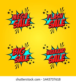 Set of Four, Creative vector Design in comic style for Flash Sale, Weekend Sale, Mega Sale or Big Sale