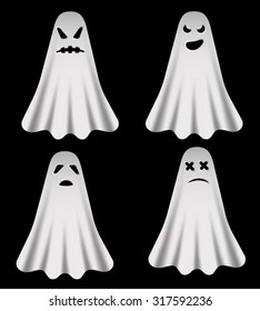 Set of four creepy but cute Ghost with a terrible, sad, frightening eyes and mouth.