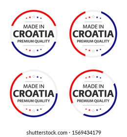 Set of four Croatian icons, English title Made in Croatia, premium quality stickers and symbols, internation labels with stars, simple vector illustration isolated on white background