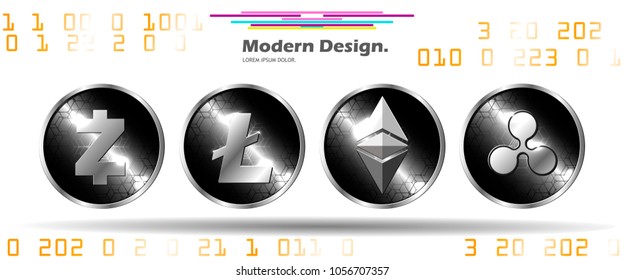Set of four cryptocoins in futuristic style. Creative vector design.