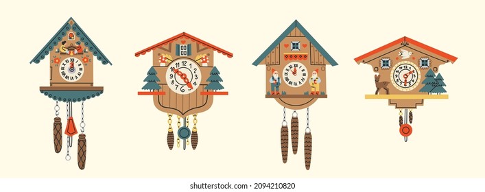 Set of four Cuckoo Clocks. Decorative wooden clock. Antique german wall watches. Hand drawn colorful modern Vector Illustrations. Cartoon style, flat design. Every clock is isolated