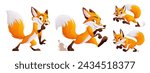 A set of four cunning but cute foxes. Adult foxes in dynamic poses. Wild animals of the forest.