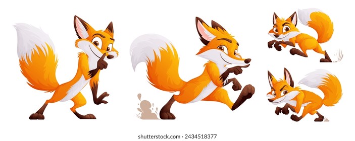 A set of four cunning but cute foxes. Adult foxes in dynamic poses. Wild animals of the forest.