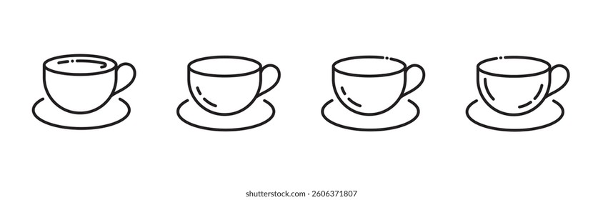 Set of four cup and saucer line icons isolated on transparent background. Coffee or tea cup linear icons. 