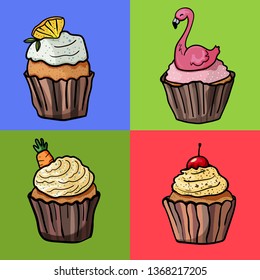 Set of four cupcakes for any event. Hygge. Decoration: flamingo, carrot, lemon, cherry. - Vector. Vector illustration