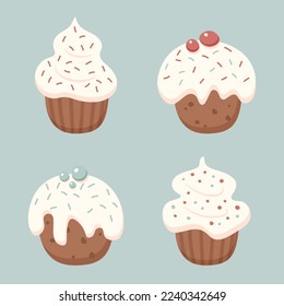 Set of four cupcakes with berries, sprinkles and cream frosting. For decorating Christmas, birthday, Valentine's Day gift wrap, icons, stickers. Isolated vector illustration.