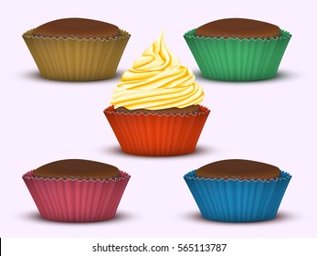 Set of four cupcakes without cream and one cupcake with yellow cream in the center. Styling 3D with the global color