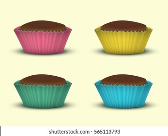 Set of four cupcakes without the cream. In red, yellow, green and blue tins. Simulation 3D