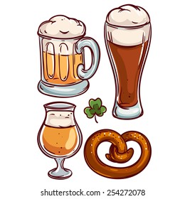 Set of four cups of beer with clover and pretzel. Vector illustration in cartoon style.