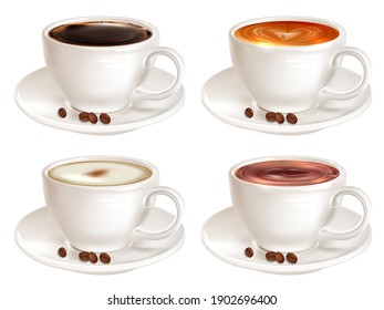 Set of four cups of coffee of different grades side view isolated on white background. Coffee in a white cup with a saucer and coffee beans. Vector illustration