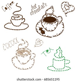 A set of four cups with a contour of chocolate, cocoa, coffee pots and tea leaves. Beverages.
