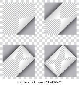 Set of four curl papers. Four papers folded from different corners. White papers sticker. Elements for advertising isolated on transparent background.