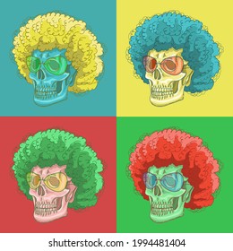 Un conjunto de cuatro cráneos de pelo rizado con gafas. Banner de arte pop en colores RGB. Patrón para camisetas o cobertura macabra de un álbum de música.