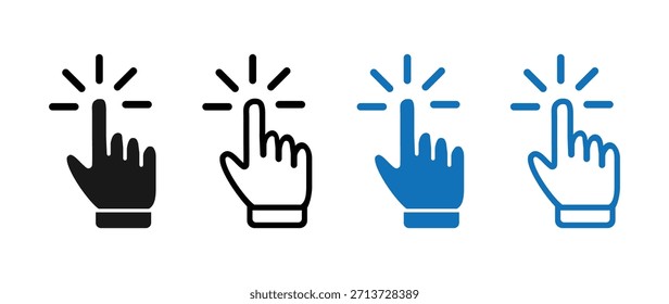 Un conjunto de cuatro íconos del Hacer clic del cursor que muestran un puntero de mano con líneas radiantes que indican una acción de presión o selección. Incluye negro sólido, contorno negro, azul sólido y contorno azul variaciones,