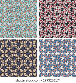 set of four cute abstract seamless patterns. swirling stripes, rounded and angular shapes and segments are grouped and arranged in rows. vector