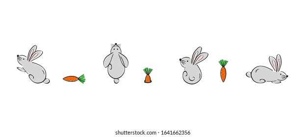 Set of four cute, adorable bunnies. Simple hand drawn rabbits and carrots. Concept for Easter - card, poster, textiles, invitation, greeting card