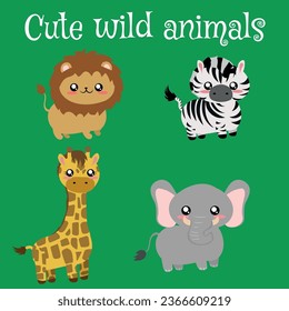 set of four cute African wild animals, lion, giraffe, elephant, zebra, jungle animals