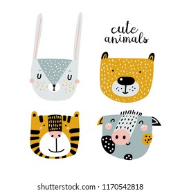 Set of four cute animal faces. Creative animal print bear, rabbit, tiger and pig. Vector Illustration. Scandinavian design.