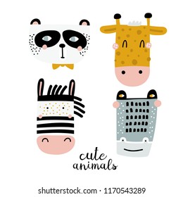 Set of four cute animal faces. Creative animal print panda, alligator, zebra and giraffe. Vector Illustration. Scandinavian design.