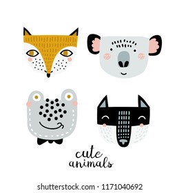 Set of four cute animal faces. Creative animal print panda, alligator, zebra and giraffe. Vector Illustration. Scandinavian design.