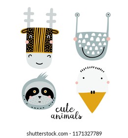 Set of four cute animal faces. Creative animal print reindeer, duck, sloth and snail. Vector Illustration. Scandinavian design.