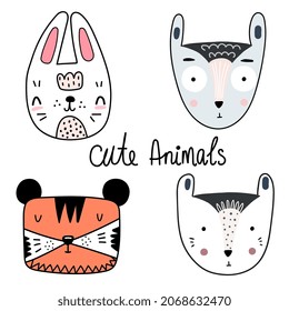 Set of four cute animal faces. Creative animal prints. Vector Illustration. Scandinavian design.
