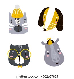 Set of four cute animal faces. Creative animal print cat, dog, hippo, bear, for nursery,apparel,cards. Vector Illustration