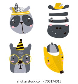 Set of four cute animal faces. Creative animal print zebra, dog,bear,panda, for nursery,apparel,cards. Vector Illustration