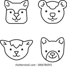 set of four cute animal pet dog cat black and white faces illustration vector