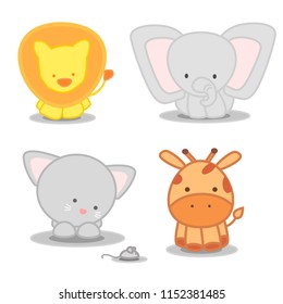 set of four cute animals in cartoon style:cat, lion, giraffe, elephant 