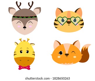 Set of four cute animals heads - tiger, deer, giraffe, fox. Cartoon portrait set with flat design. Little animals in cartoon style on a white background. Vector illustration