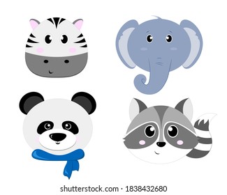 Set of four cute animals heads - elephant,zebra, racoon, panda. Cartoon portrait set with flat design. Little animals in cartoon style on a white background. Vector illustration