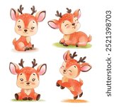 Set of four cute baby deer in various playful poses, hand-painted watercolor style. 