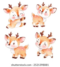 Set of four cute baby deer in various playful poses, hand-painted watercolor style. 