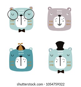 Set of four cute bear faces. Creative animal print for nursery,apparel,cards. Vector Illustration