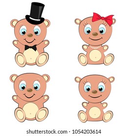 Set of four cute, beautiful, brown bear girl and boy with big head and blue eyes in cylinder and bow tie, bow and pearl necklace on white background and copy space. Vector illustration