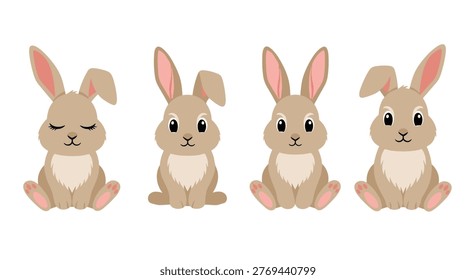 Set of four cute beige rabbit characters with different facial expressions and ear positions in a simple and charming cartoon style.