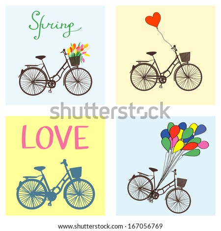 Set of four cute bikes with balloons and flowers