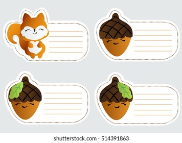 Set of four cute blank card with smiling squirrel and acorns, on a light gray background