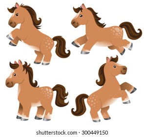 A set of four cute brown cartoon horses standing, rearing up and jumping.