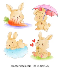 Set of four cute bunny illustrations with watercolor texture, featuring rabbits in various playful poses with nature elements.