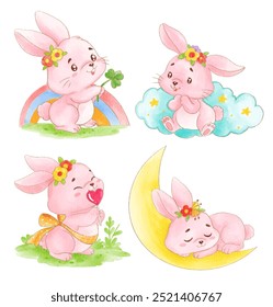 Set of four cute bunny illustrations with watercolor texture, featuring rabbits in various playful poses with nature elements.