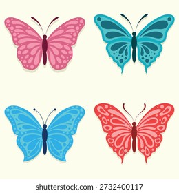 A set of four cute butterflies in different colours. Insect vector illustration.