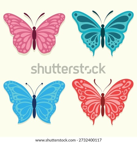 A set of four cute butterflies in different colours. Insect vector illustration.