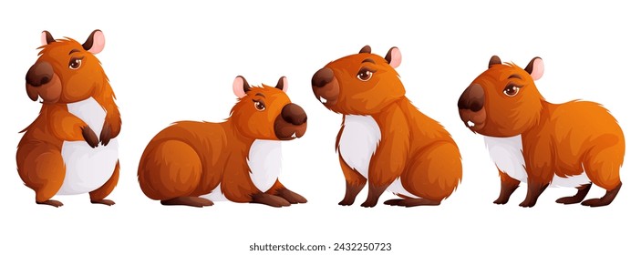 Set of four cute capybaras. Adult capybaras in different poses. Wild animals of South America.