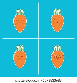 A set of four cute carrot emojis with bunny ears, each featuring a unique facial expression: happy, surprised, sleepy, and nerdy with glasses