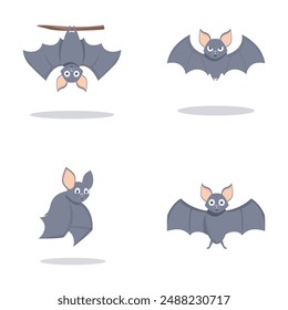 Set of four cute cartoon bats in different poses isolated on a white background