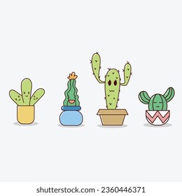 set of four cute cartoon cacti with funny faces in pots with plants are friends text messages. Can be used for cards, invitations or as stickers