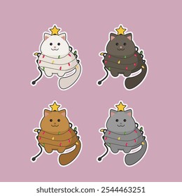 Set Of Four Cute Cartoon Cat In Christmas Lights And Star Funny Costume Stickers Emoji Character Vector Design